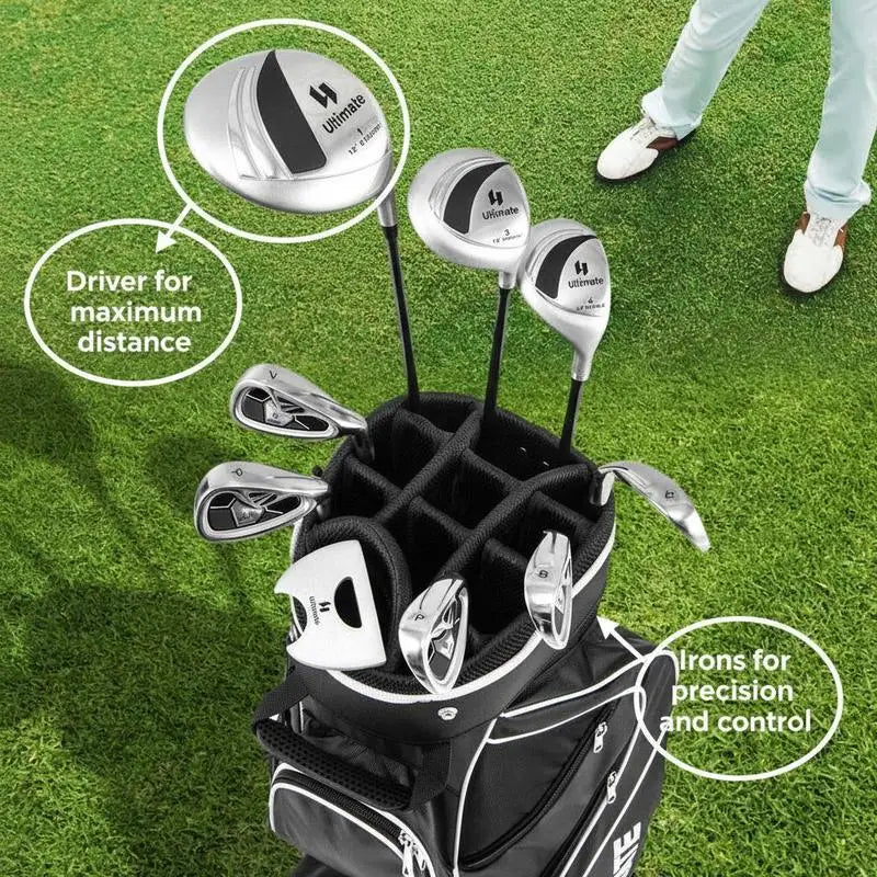 Set de golf complet femme – driver, fers et sac noir sur l'herbe