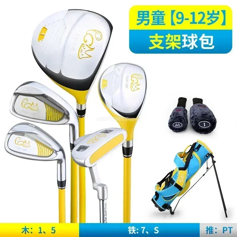 Set de golf enfant jaune – clubs, couvre-clubs et sac bleu et jaune