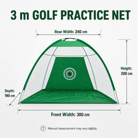 Filet de golf dôme 3 m – schéma des dimensions : 300 cm à l'avant, 240 cm à l'arrière, 180 cm de profondeur, 200 cm de haut