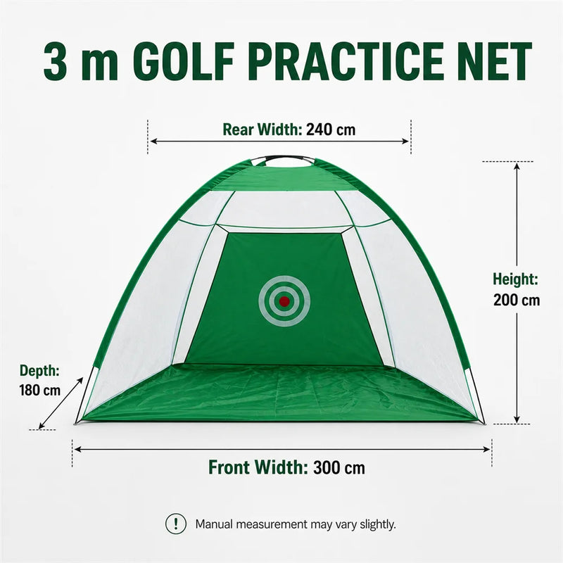 Filet de golf dôme 3 m – schéma des dimensions : 300 cm à l'avant, 240 cm à l'arrière, 180 cm de profondeur, 200 cm de haut
