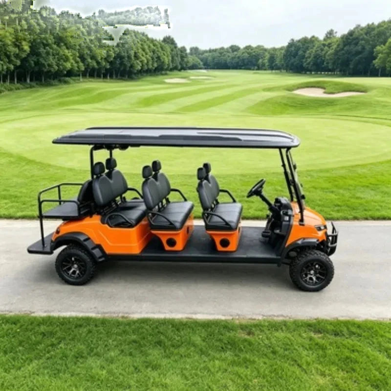 Voiturette de golf tout-terrain 4 places – version orange à trois rangées de sièges, vue de profil