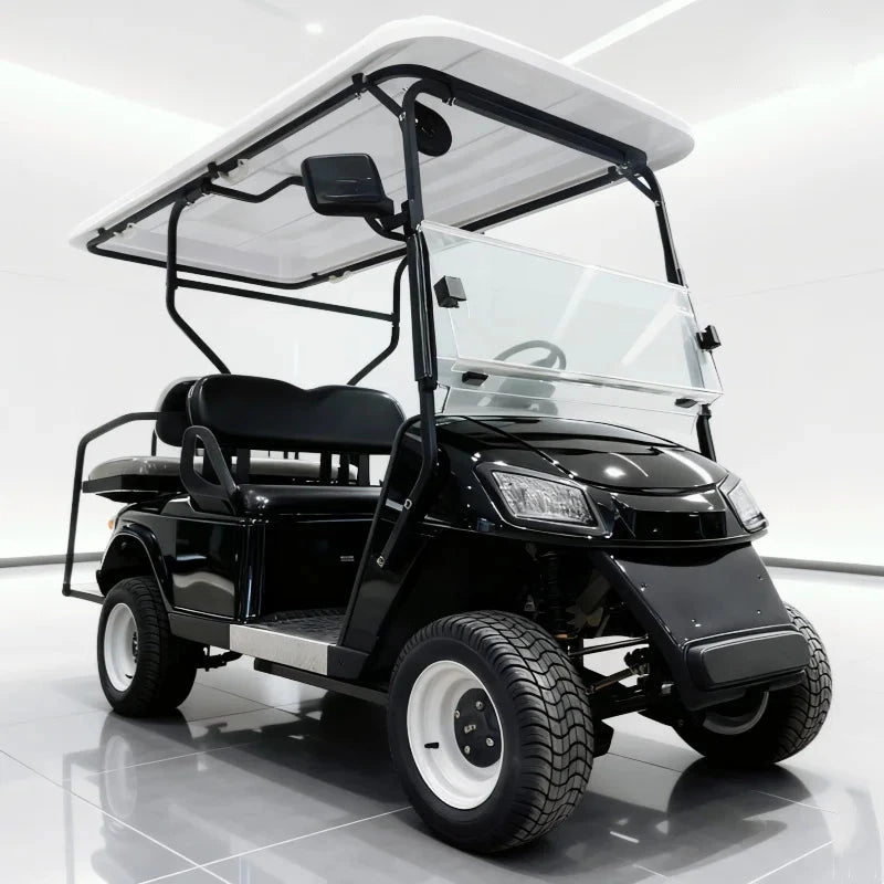Voiturette de golf 2 à 10 places – vue de trois quarts avant, toit blanc
