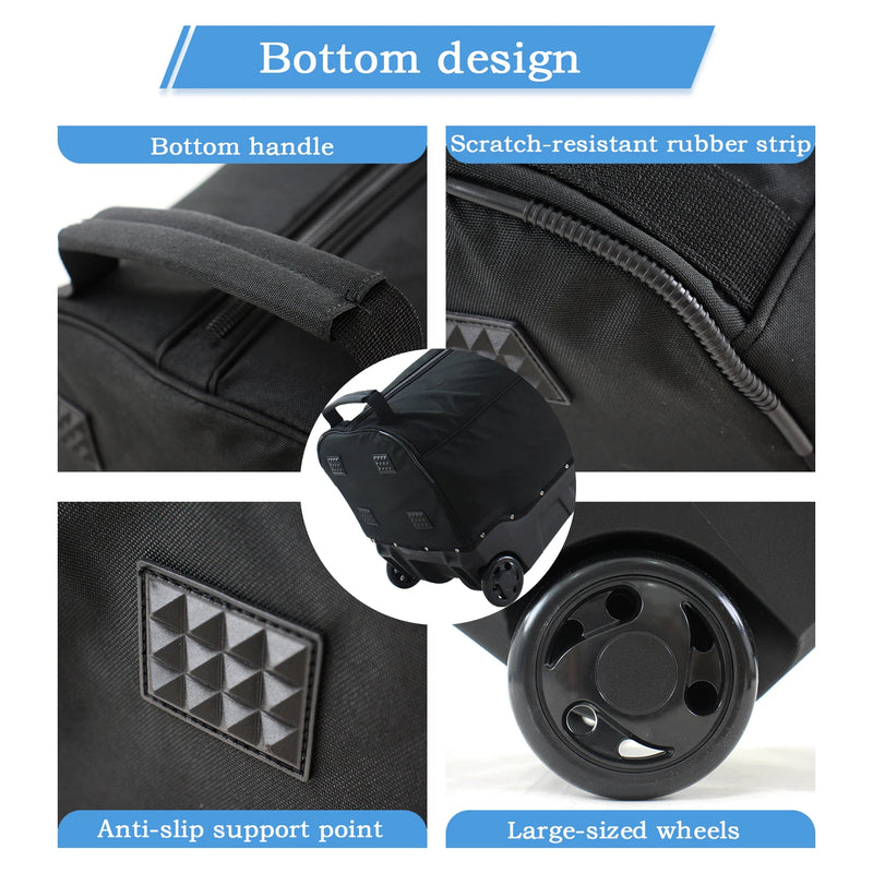 Housse de voyage golf pliable à 4 roues – détails du fond : poignée, bande anti-rayures, appuis, roues