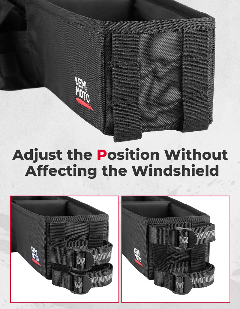 Panier de rangement avant pliable – réglage de la position avec les sangles sans gêner le pare-brise
