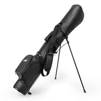 Sac de golf pencil à trépied en cuir PU – sac noir sur son trépied, bandoulière enroulée, fond blanc