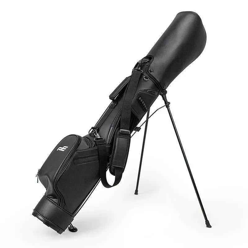 Sac de golf pencil à trépied en cuir PU – sac noir sur son trépied, bandoulière enroulée, fond blanc