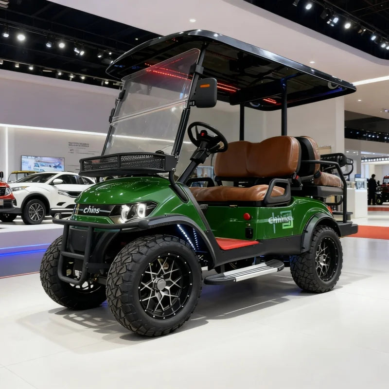 Voiturette de golf électrique pour hôtel et parc – vue de trois quarts avant avec panier de capot et pare-chocs