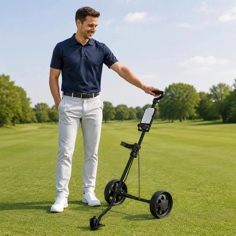 Chariot de golf manuel 2 roues – golfeur debout à côté du chariot sur le fairway