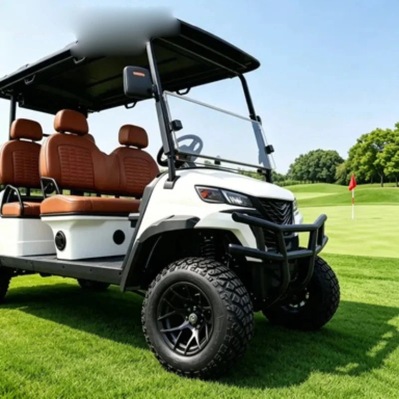 Voiturette de golf électrique surélevée 4 places – pare-chocs avant et sièges brun cuivré