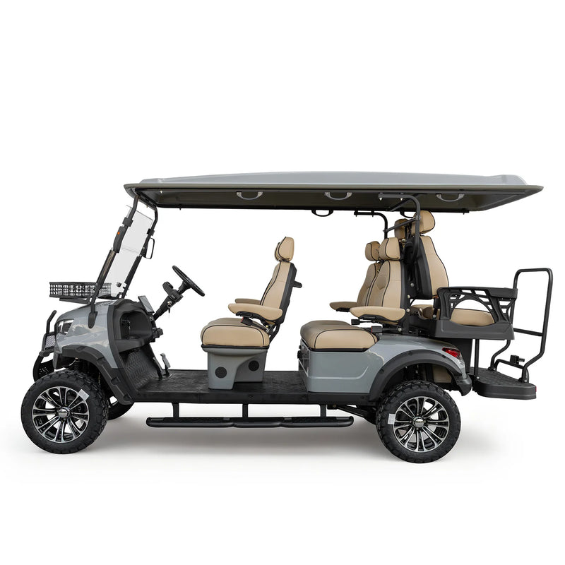 Voiturette de golf électrique 6 places tout-terrain – vue de profil avec les banquettes