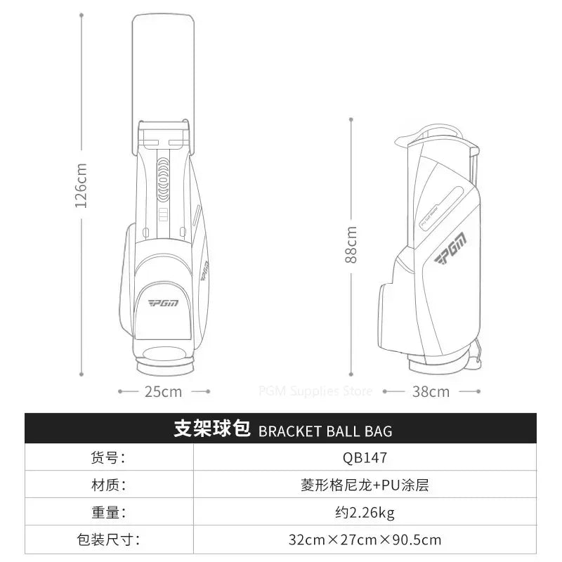 Sac de golf trépied 14 compartiments – schéma des dimensions et tableau des caractéristiques