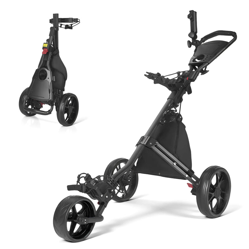 Chariot de golf manuel pliable 3 roues cadre métal sac isotherme porte-parapluie