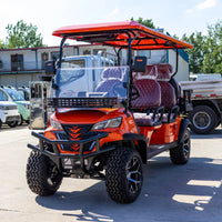 Voiturette de golf électrique 4 places orange – vue de face avec panier avant et pare-chocs