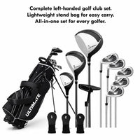 Set de golf complet gaucher – clubs, putter, couvre-clubs et sac trépied