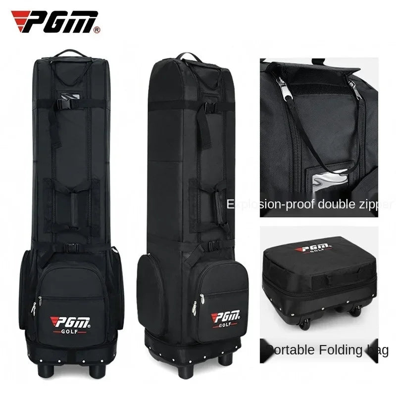 Housse de voyage golf pliable à double zip – vue de face, détail de la double fermeture et housse repliée
