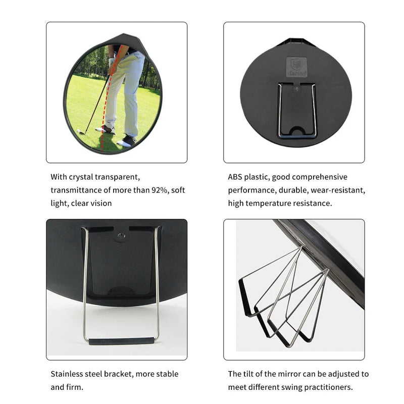 Miroir de swing de golf – quatre vues de détail : face, dos, support en acier inoxydable et réglage de l'inclinaison