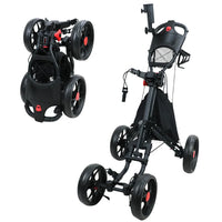 Chariot de golf manuel 4 roues – modèle noir à roues noires, déployé et replié
