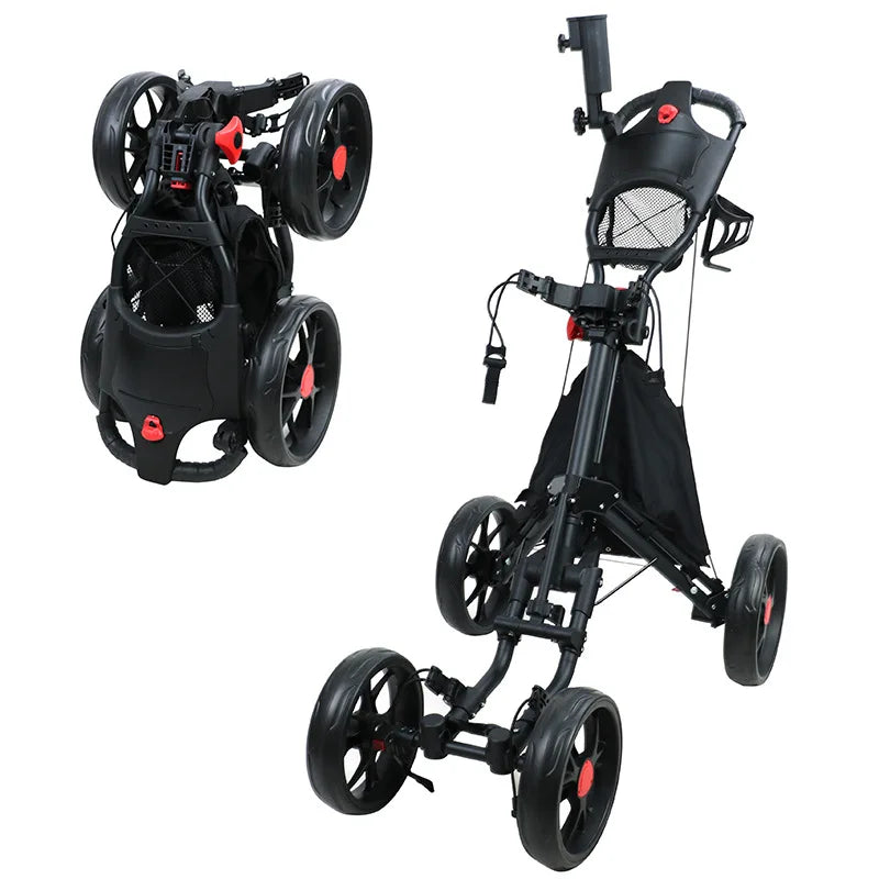Chariot de golf manuel 4 roues – modèle noir à roues noires, déployé et replié