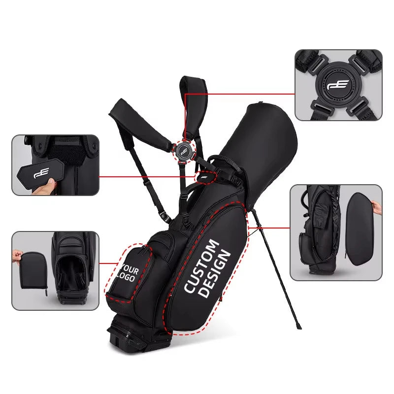 Sac de golf trépied en cuir PU – sac noir sur ses pieds avec les détails des bretelles, de l'étiquette amovible et de la poche latérale