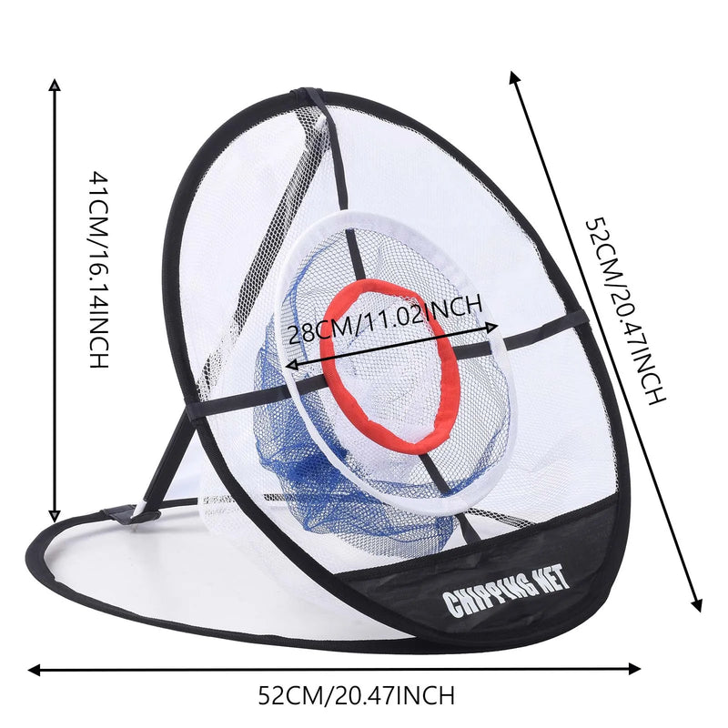 Filet de golf pliable avec cible de chipping – dimensions, base de 52 cm, hauteur de 41 cm, cible de 28 cm
