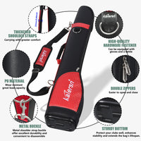 Sac de golf pencil en cuir PU – détails du sac noir : bretelles épaisses, matière PU, boucle métallique, doubles fermetures éclair, fond renforcé