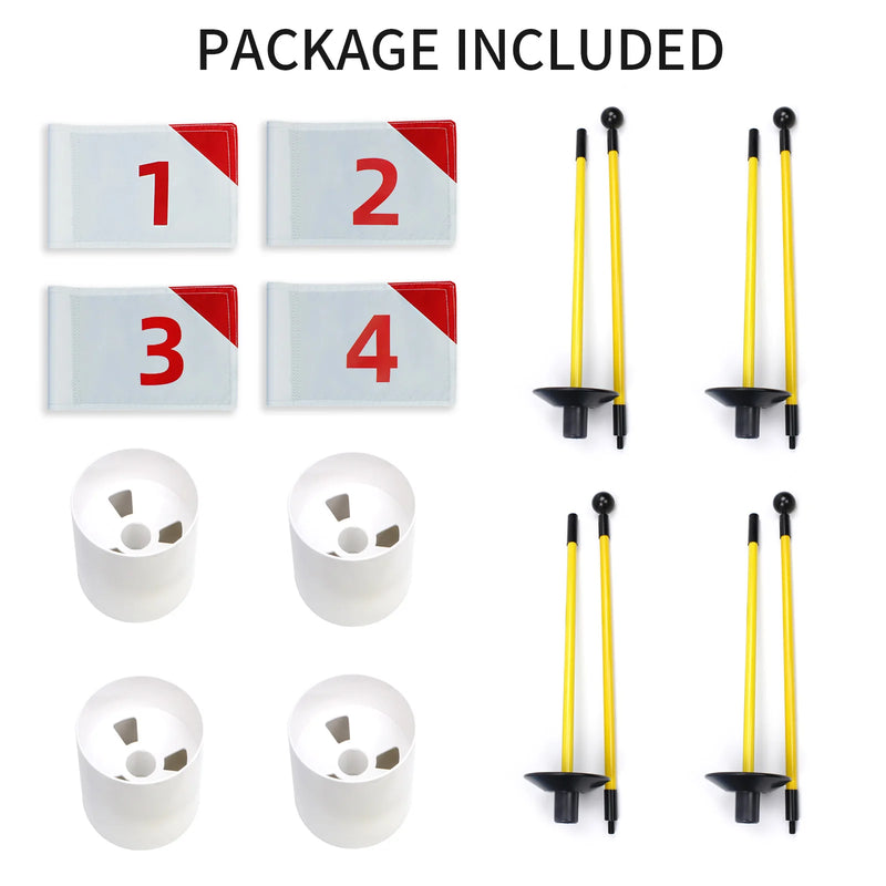 Drapeaux de putting green numérotés – contenu du colis : 4 drapeaux, 4 bâtons et 4 coupelles