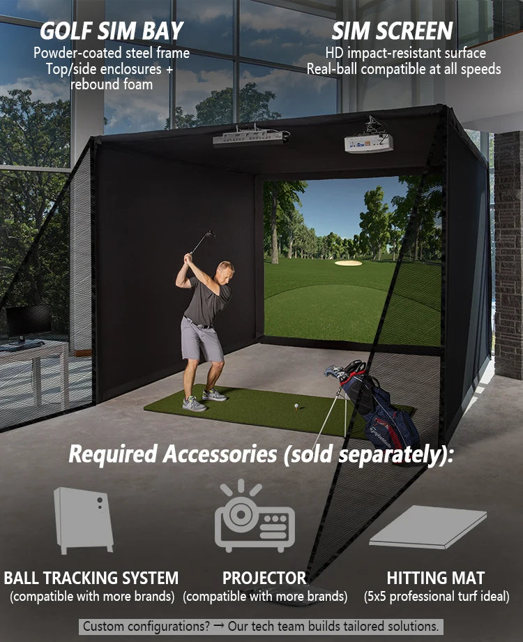 Cage de golf à cadre métallique – cage avec écran et accessoires à prévoir : capteur de balle, projecteur, tapis