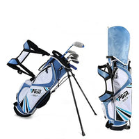 Set de golf enfant 6 clubs – sac trépied bleu et blanc, replié et déployé