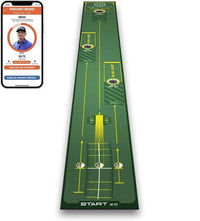Tapis de putting de 3 m – vue de dessus avec repères d'alignement et application d'exercices