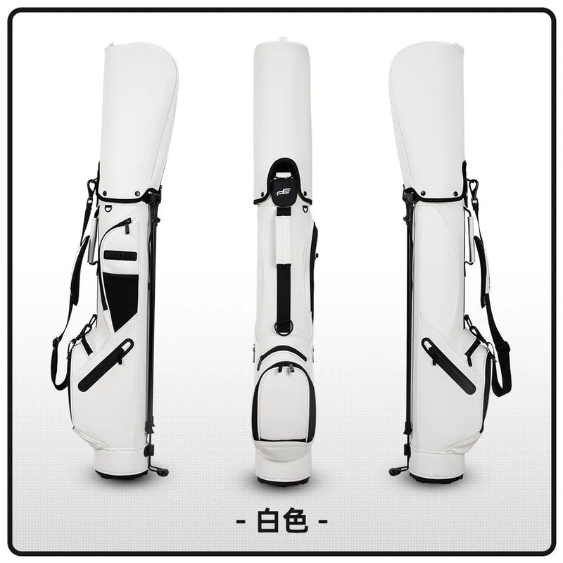 Sac de golf pencil à trépied en cuir PU – sac blanc vu de face, de dos et de côté