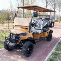 Voiturette de golf électrique multifonction jaune – vue de trois quarts avant avec pare-chocs