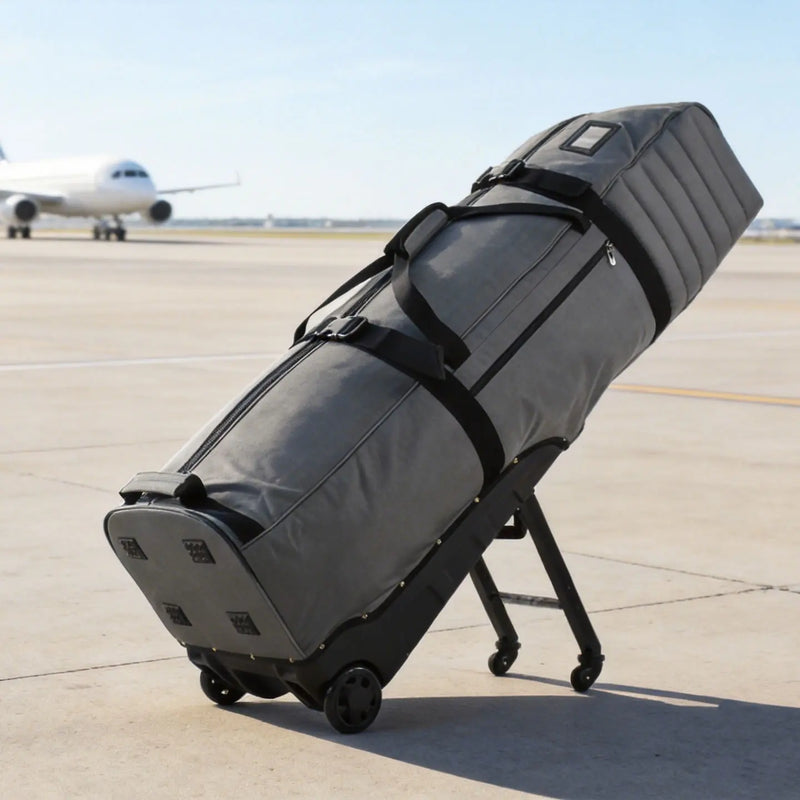 Housse de voyage golf pliable à 4 roues – housse grise sur une piste d'aéroport, avec un avion