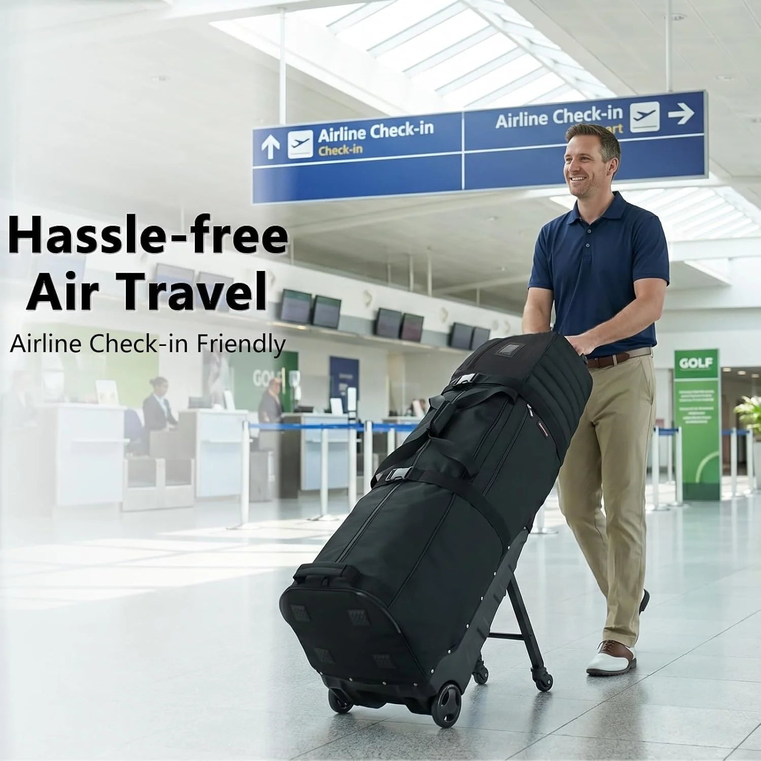 Housse de voyage golf à roulettes avec support, rembourrée et pliable
