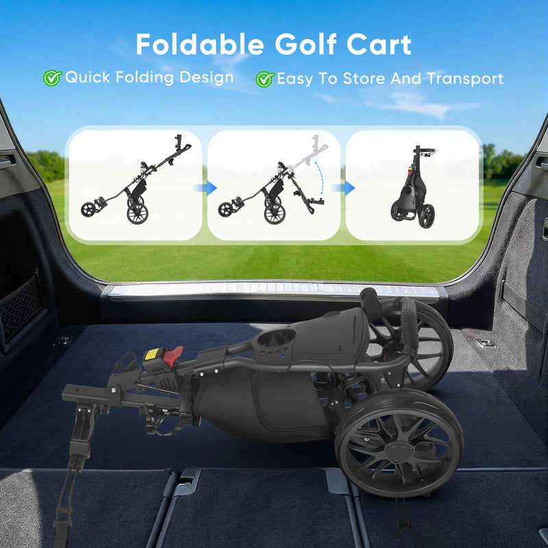 Chariot de golf pliable 3 roues – pliage en trois étapes et rangement dans un coffre