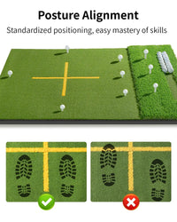Tapis de practice golf double gazon – aide à l'alignement : croix jaune et empreintes de pieds, bonne et mauvaise position