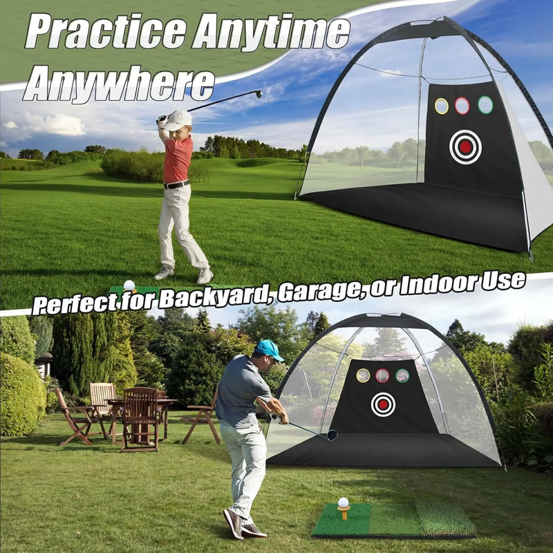 Filet de golf 3 x 2 m en kit – installé dans un jardin, vue de loin et vue de face