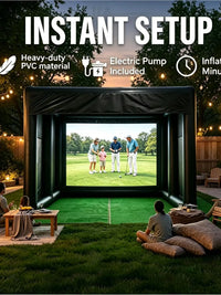 Cage de golf gonflable – installation au jardin en soirée face à l'écran