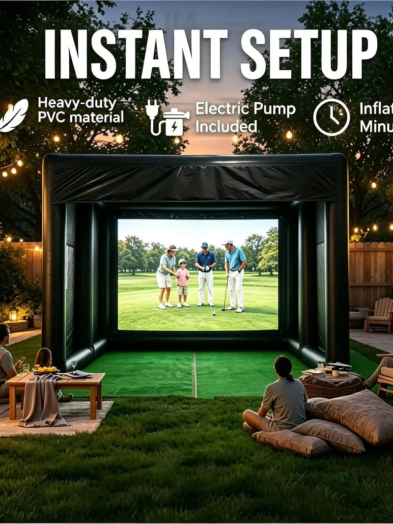 Cage de golf gonflable – installation au jardin en soirée face à l'écran
