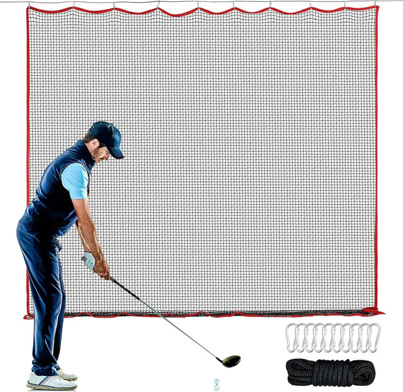 Filet pare-balles golf – vue de face du filet avec corde et mousquetons