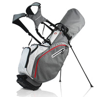 Sac de golf trépied léger 14 compartiments – sac gris et blanc debout sur son trépied, vue de trois quarts