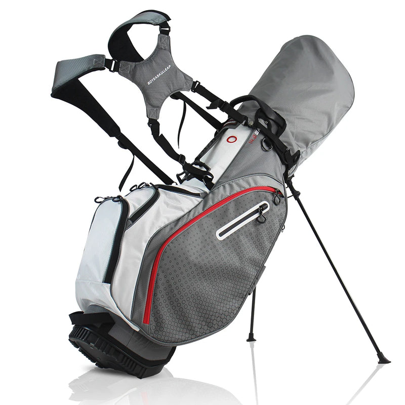 Sac de golf trépied léger 14 compartiments – sac gris et blanc debout sur son trépied, vue de trois quarts