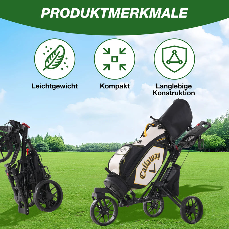 Chariot de golf pliable 3 roues – chariot chargé d'un sac sur le parcours