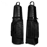 Sac de golf de voyage rigide – sac noir vu de face et de dos avec ses roulettes