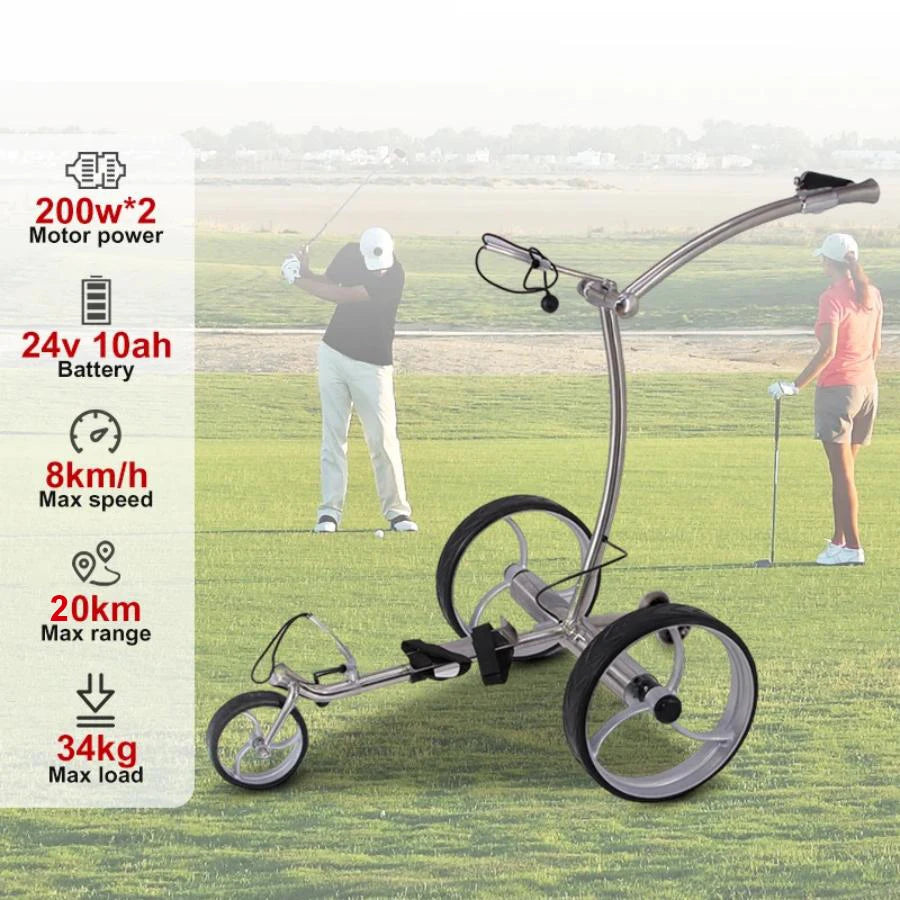 Chariot de golf électrique en acier inoxydable, batterie lithium 24 V 10 Ah