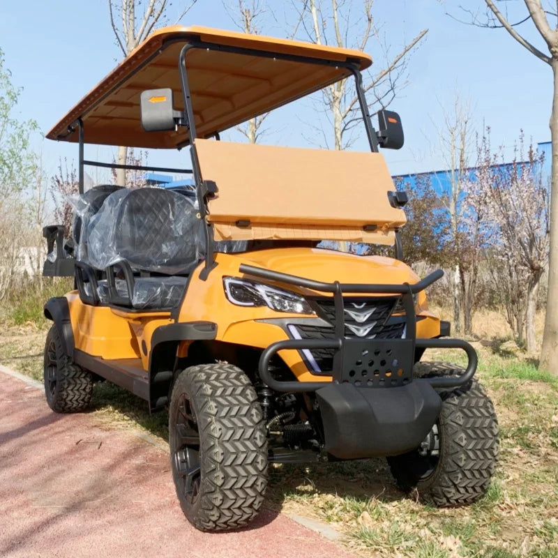 Voiturette de golf électrique multifonction jaune 2, 4 ou 6 places jantes alliage et pare-chocs
