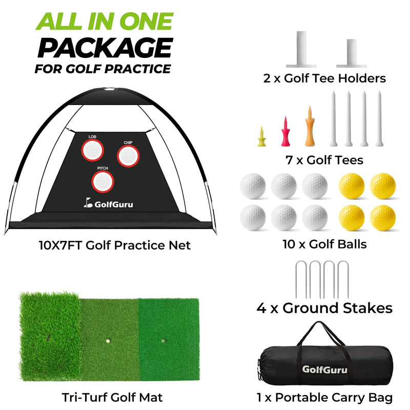 Filet de golf dôme – contenu du kit : filet, tees, balles, piquets, tapis tri-turf et sac de transport