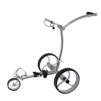 Chariot de golf électrique en inox – vue de trois quarts sur fond blanc