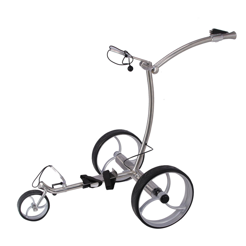 Chariot de golf électrique en inox – vue de trois quarts sur fond blanc