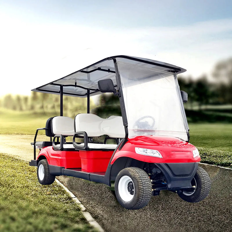 Voiturette de golf électrique de 2 à 10 places – version rouge à sièges blancs sur pelouse