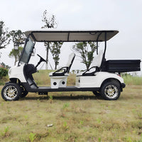 Voiturette de golf électrique classique – vue de profil, version blanche longue avec deux banquettes